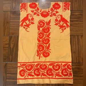 Mexico Hand Embroidered Boho Orange Floral and Bird Dress